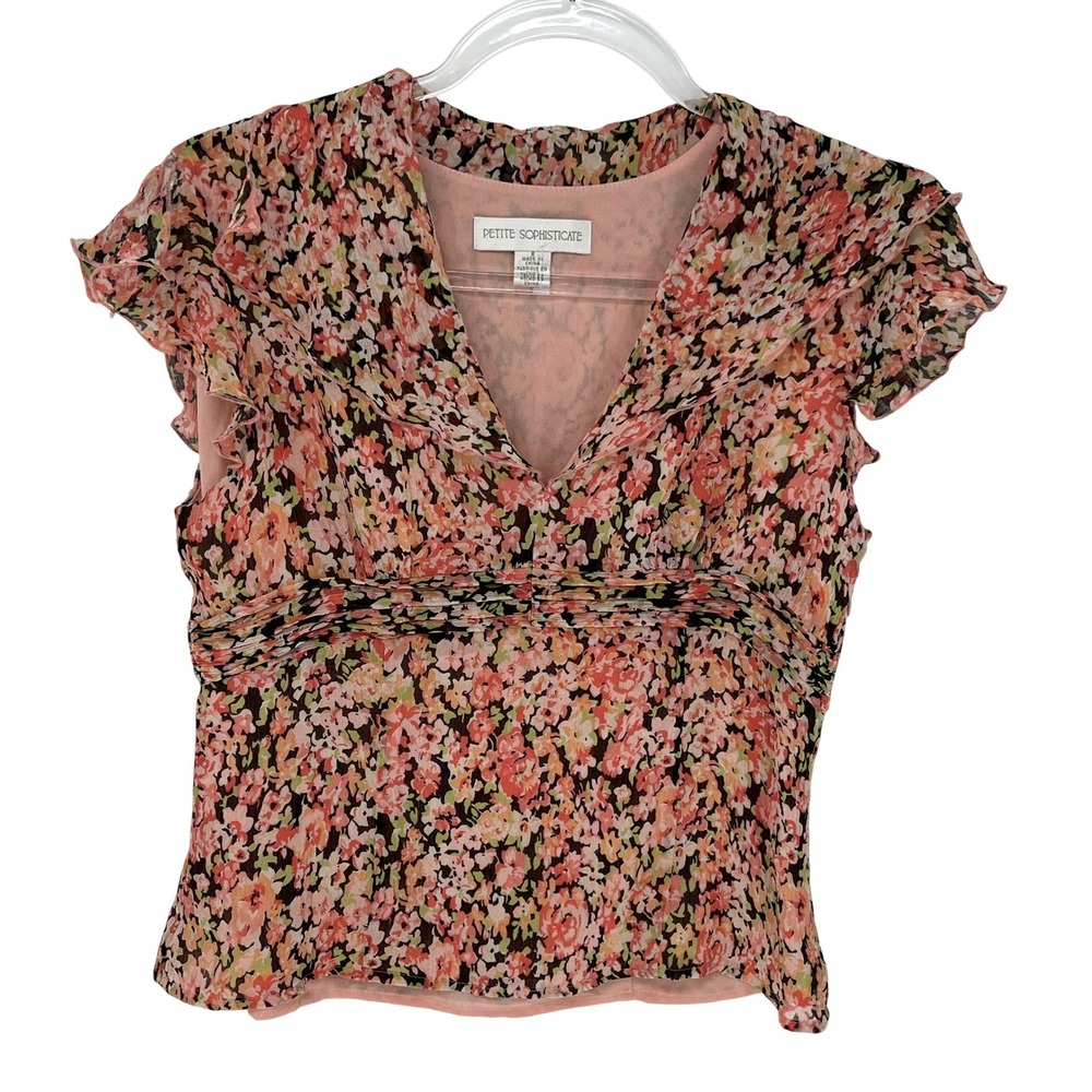 Petite Sophisticate Floral Silk Blouse Petite 6 Pink Ruffle VNeck Romantic Fairy
